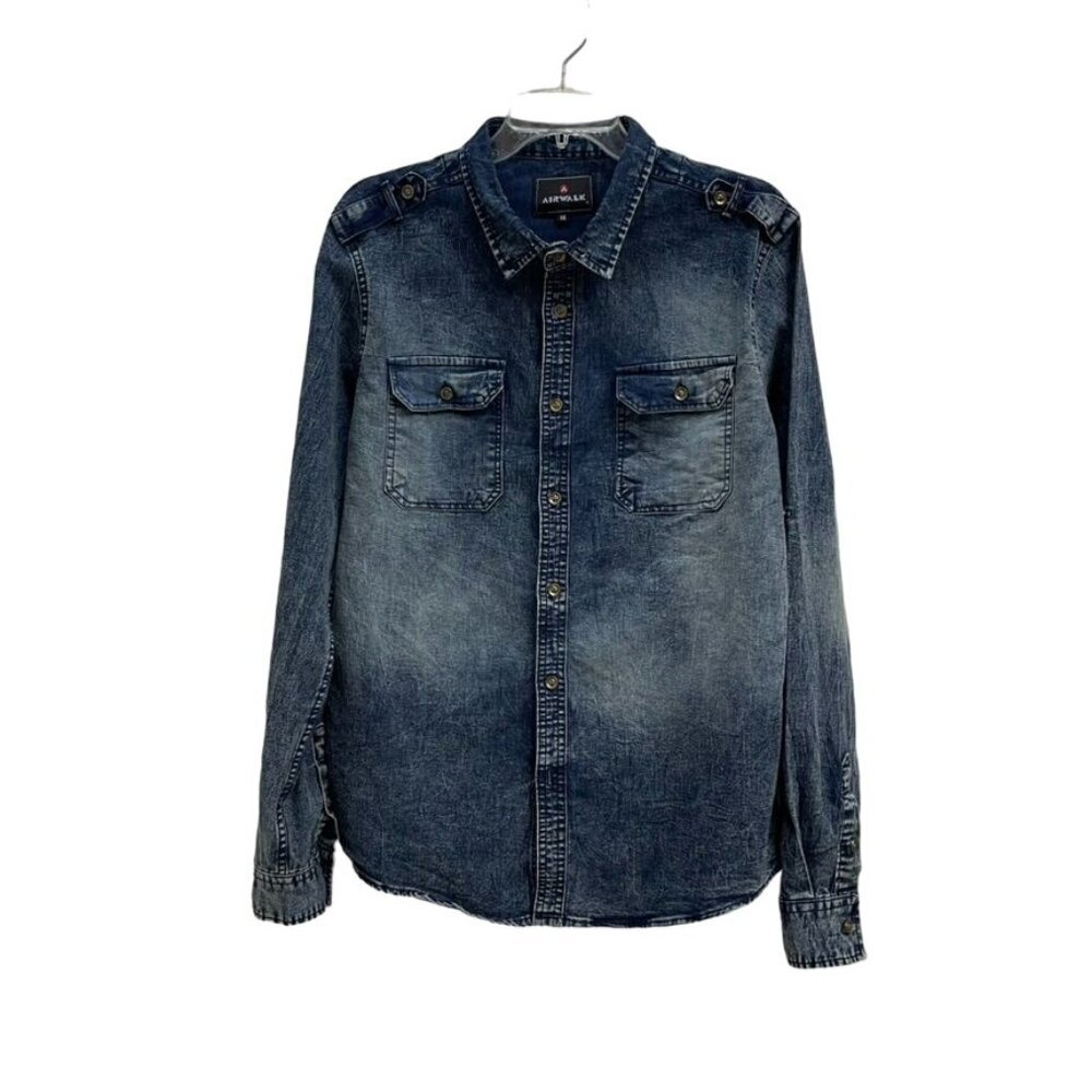 Airwalk Men’s Distressed Denim Button-Down Shirt, Long Sleeve, Size M, Vintage - Picture 4 of 6